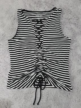 Super Soft By Torrid Black & White Striped Lace-Up Tank Top